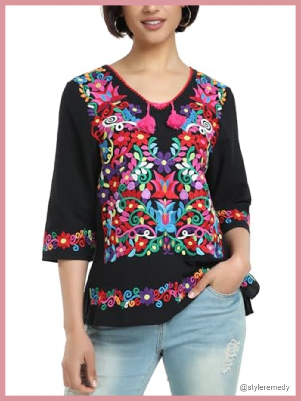 Womens Cotton Floral Embroidered V Neck 3/4 Sleeve Tunic Blouse